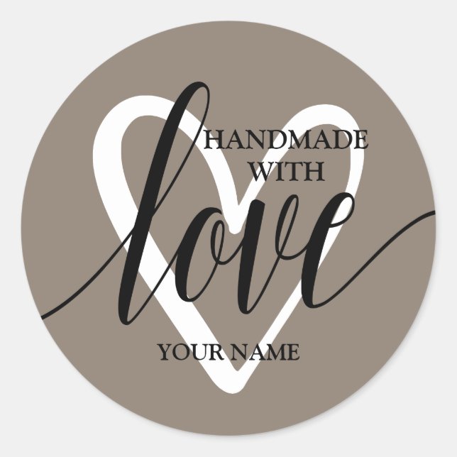Handmade With Love Heart on Brown Classic Round Sticker (Front)