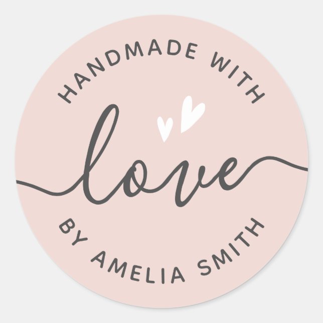 Handmade with love hearts name light blush pink classic round sticker (Front)