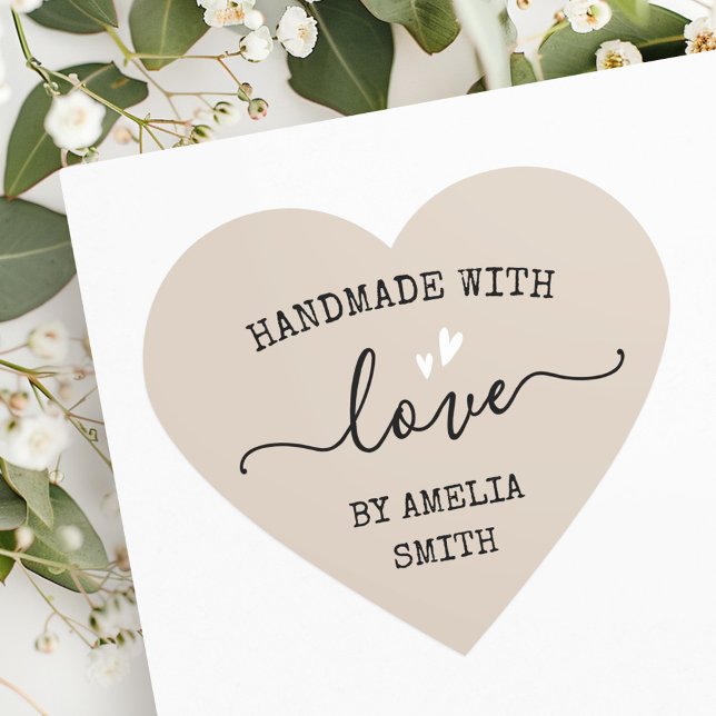 Handmade with love hearts name light mocha brown heart sticker (Handmade with love hearts name light mocha brown heart sticker)