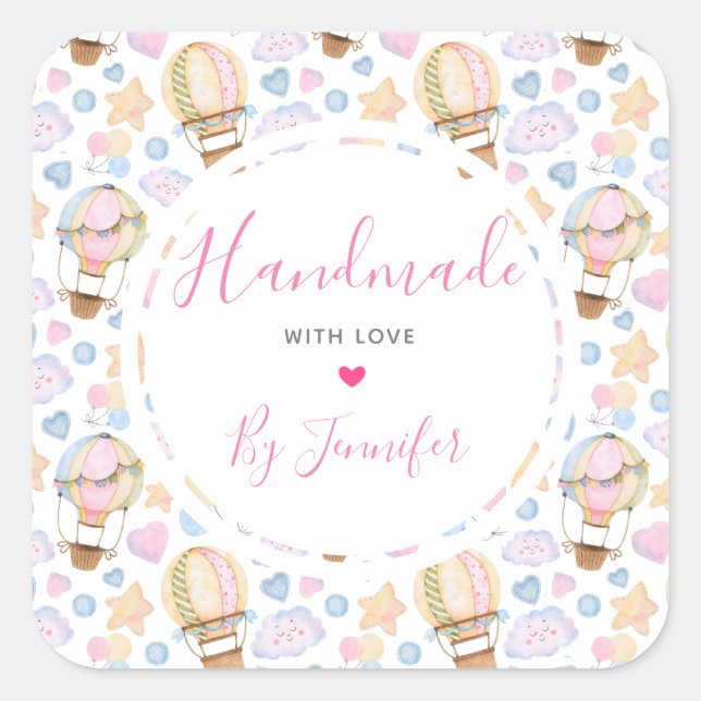 Handmade with Love Hot Air Balloon Cute Pattern Square Sticker (Front)