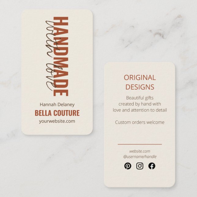 Handmade with Love in Oversized Typography Cream Business Card (Front/Back)