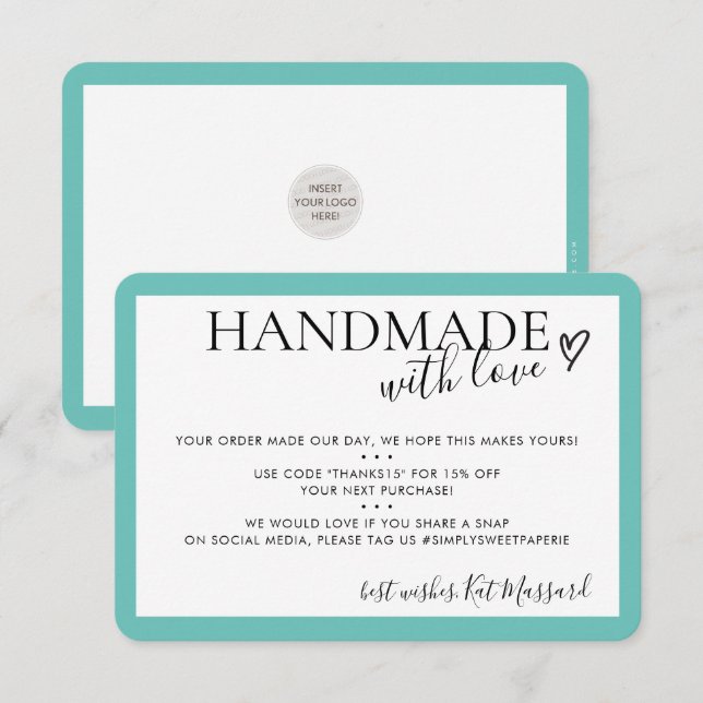 HANDMADE WITH LOVE insert modern chic mint green Thank You Card (Front/Back)