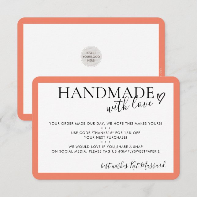 HANDMADE WITH LOVE insert modern chic orange Thank You Card (Front/Back)