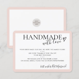 HANDMADE WITH LOVE insert modern pale blush pink Thank You Card