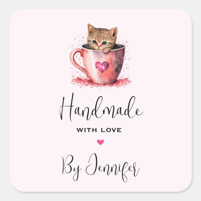 Handmade with Love Kitten in a Teacup with Hearts Square Sticker (Front)