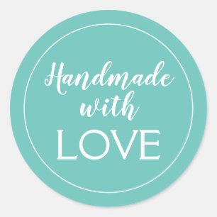 Handmade With Love Light Teal and White Classic Round Sticker