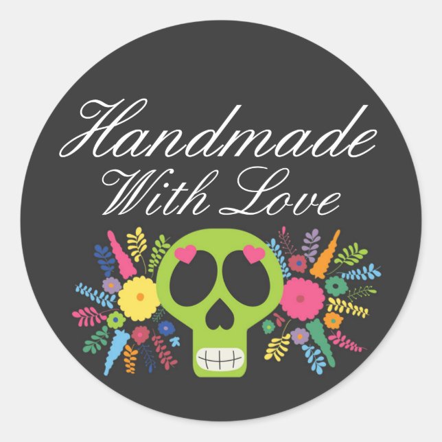 Handmade With Love Mexican Calavera Sugar Skull Classic Round Sticker (Front)