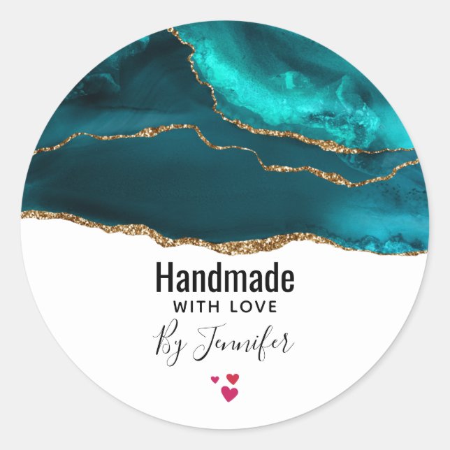 Handmade with Love Modern Teal Agate & Gold Ribbon Classic Round Sticker (Front)