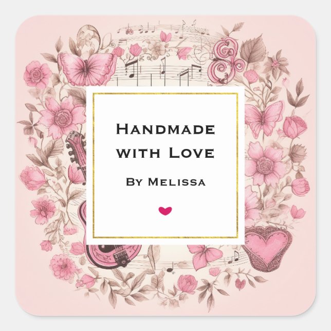 Handmade with Love Music Notes and Flowers Square Sticker (Front)