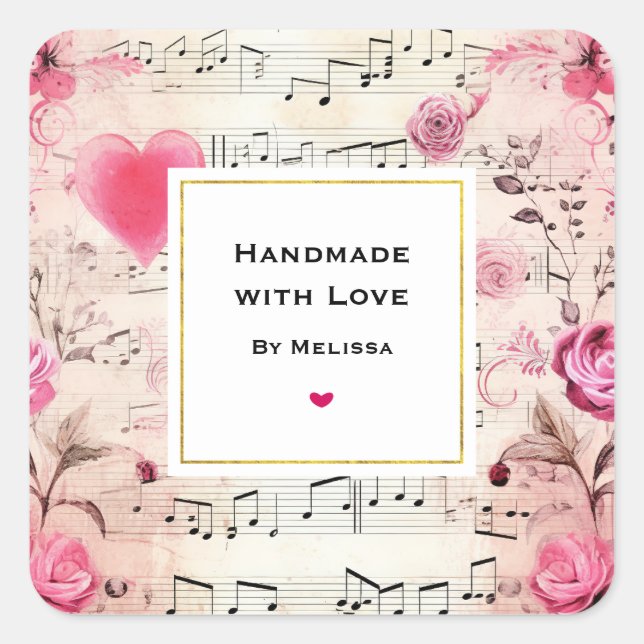 Handmade with Love Musical Notes and Roses Square Sticker (Front)