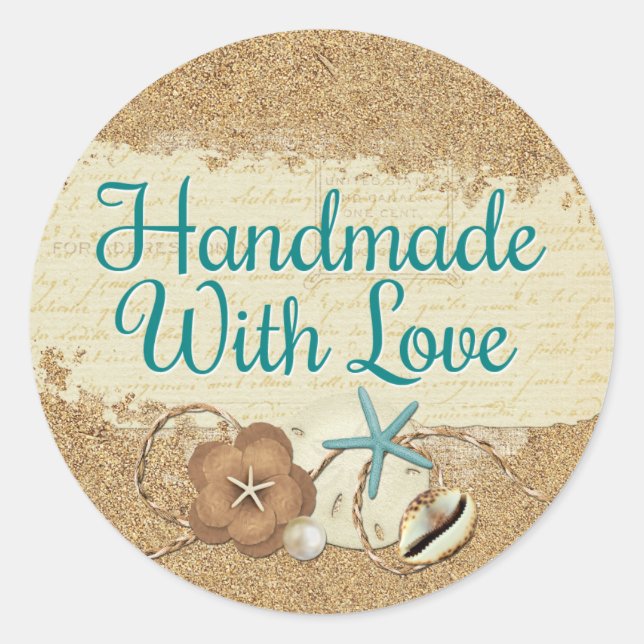 Handmade With Love Nautical Beach Seashells Sand Classic Round Sticker (Front)