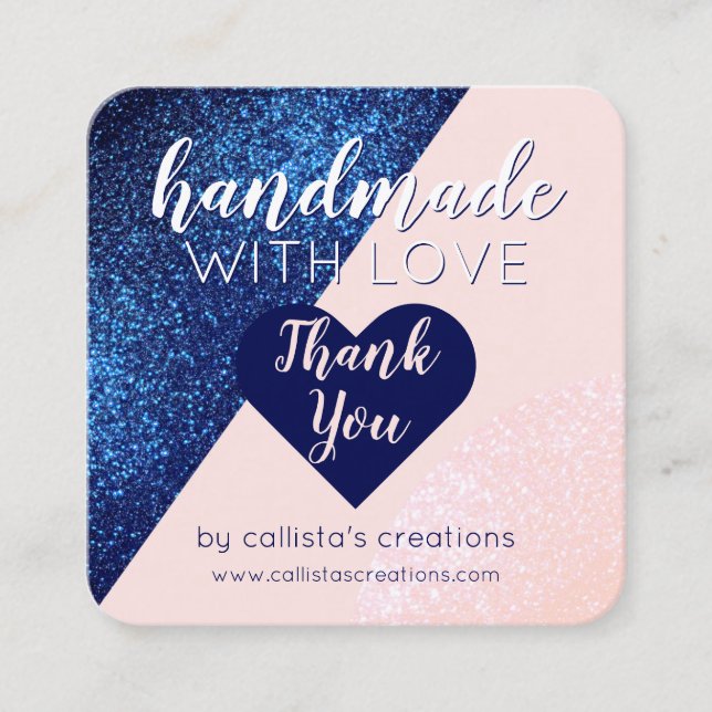 Handmade With Love Navy Blue Pink Glitter Heart Square Business Card (Front)