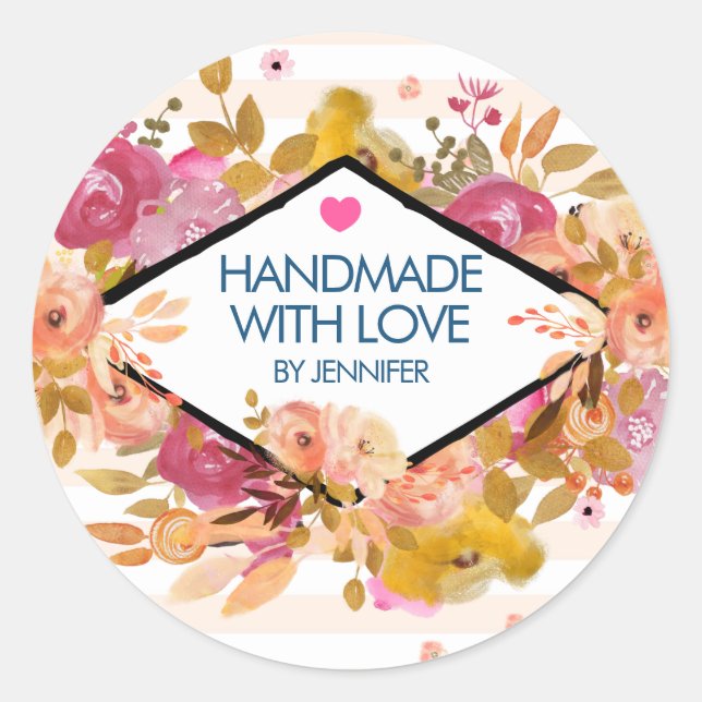 Handmade with Love Orange Pink Flowers Classic Round Sticker (Front)