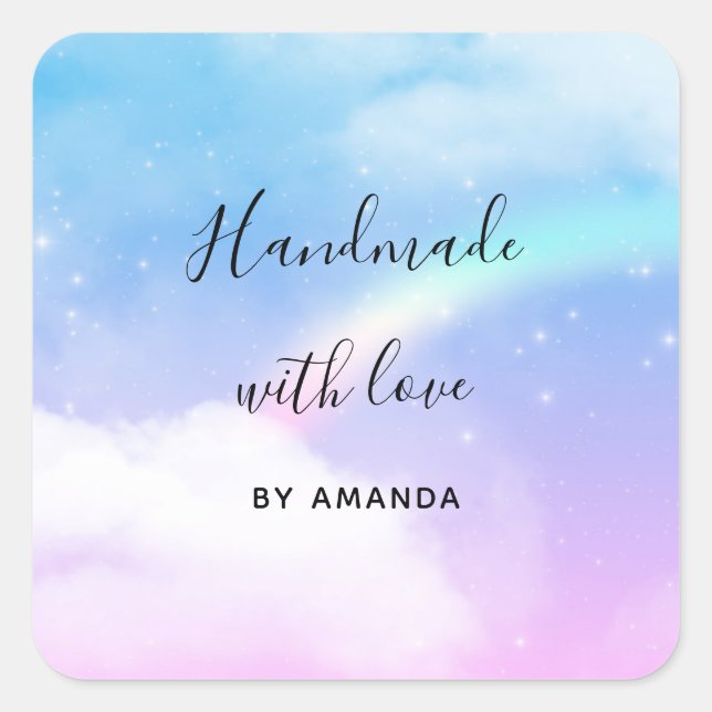 Handmade with Love Pastel Clouds and a Rainbow Square Sticker (Front)