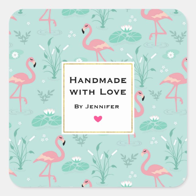 Handmade with Love Pastel Pink Flamingos Pattern Square Sticker (Front)