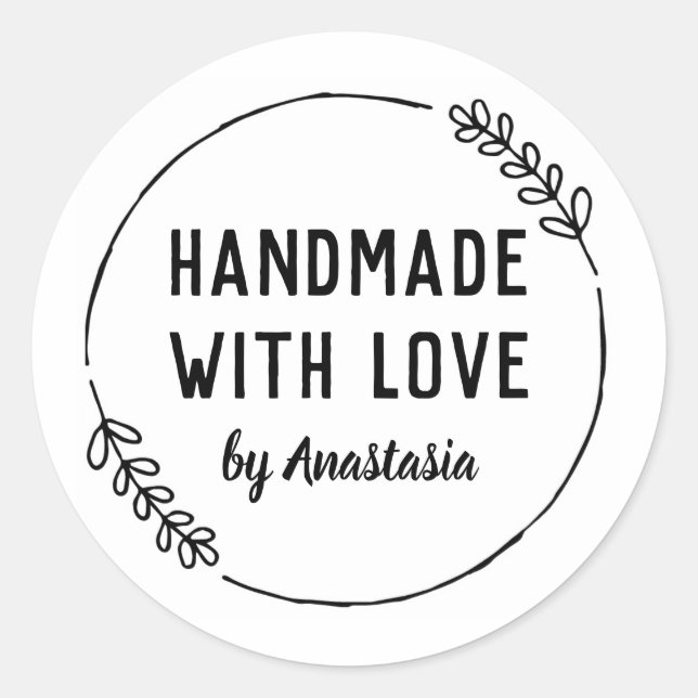 Handmade with Love Personalized Doodle Wreath Classic Round Sticker (Front)