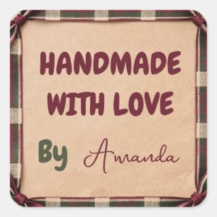 Handmade with Love Personalized Plaid Ribbon Square Sticker