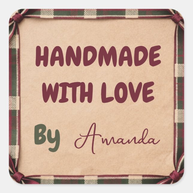 Handmade with Love Personalized Plaid Ribbon Square Sticker (Front)