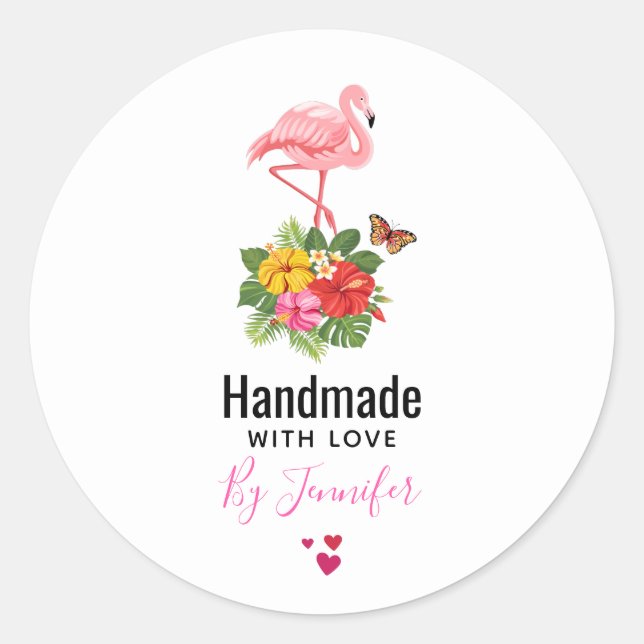 Handmade with Love Pink Flamingo & Tropical Flora Classic Round Sticker (Front)