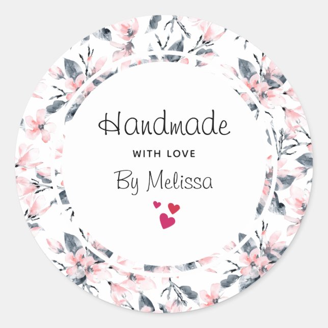 Handmade with Love Pink & Grey Floral Pattern Classic Round Sticker (Front)