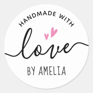 Handmade with love pink hearts custom name classic round sticker