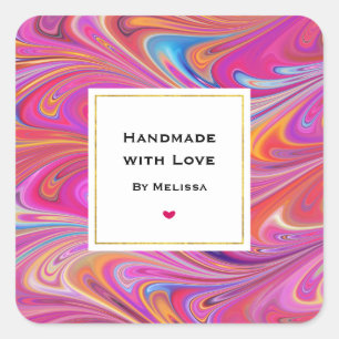 Handmade with Love Pink Orange Swirls Abstract Square Sticker