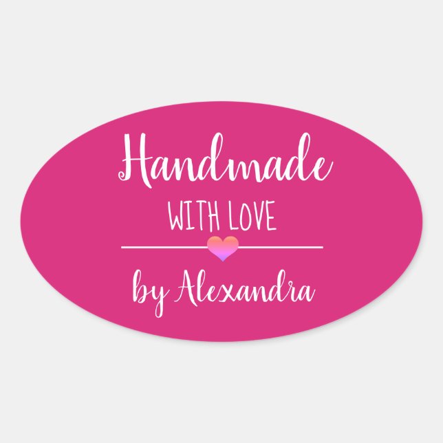 Handmade with love pink script name oval sticker (Front)