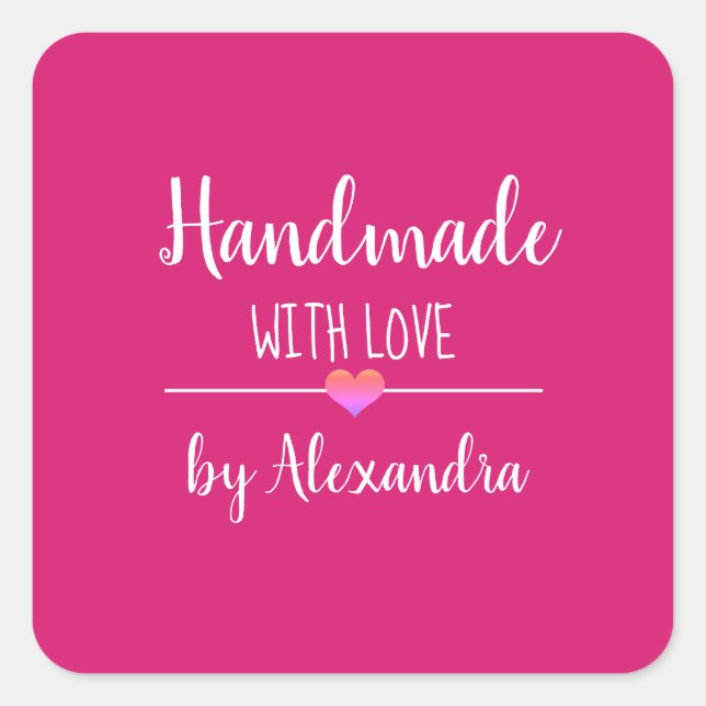 Handmade with love pink script name rectangular st square sticker (Front)