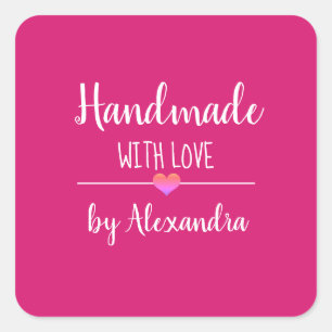 Handmade with love pink script name rectangular st square sticker