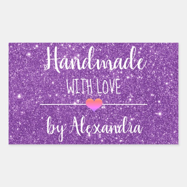 Handmade with love purple glitter script  sticker (Front)
