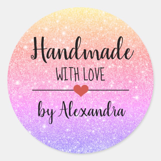 Handmade with love rainbow glitter script  classic round sticker (Front)