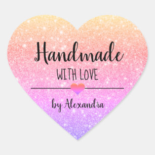Handmade with love rainbow glitter script   heart sticker