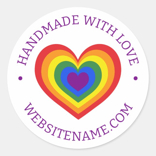 Handmade With Love Rainbow Heart Custom Website Classic Round Sticker (Front)