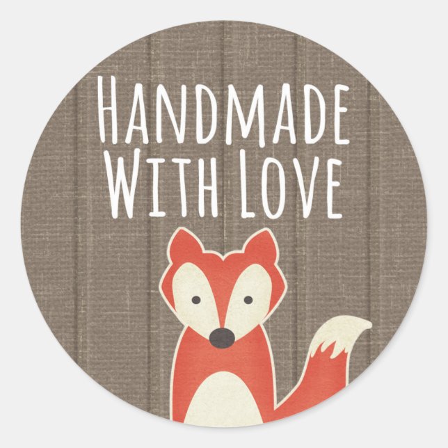 Handmade With Love Red Fox on Rustic Wood Kids Classic Round Sticker (Front)