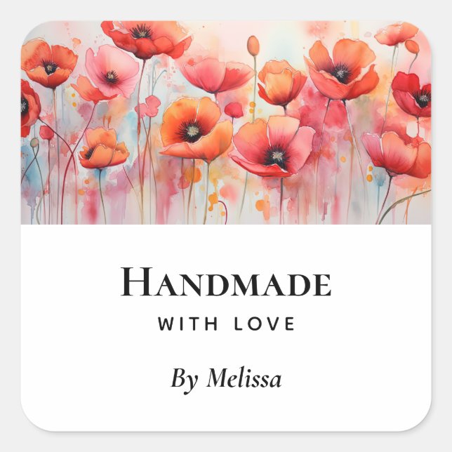 Handmade with Love Red Watercolor Poppies Square Sticker (Front)