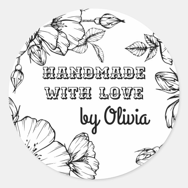 Handmade with Love Rose Flower Frame Classic Round Sticker (Front)