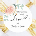 Handmade with love rose gold floral classic round sticker<br><div class="desc">A stylish white background. Decorated with green watercolored rose gold and blush pink floral,  rose,  eucalyptus leaves,  sprigs,  greenery,  faux gold leaves.  Personalize and add your name. With the text: Handmade with love,  by   a small heart.</div>