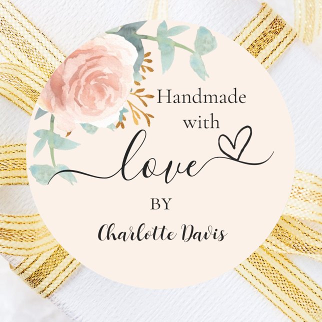 Handmade with love rose gold floral peach classic round sticker (Creator Uploaded)