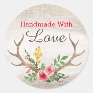 Handmade With Love Rustic Deer Antler Bohemian Classic Round Sticker