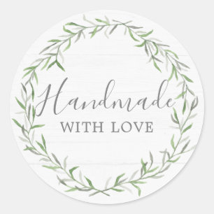 Handmade With Love Rustic Wood & Botanical Wreath Classic Round Sticker