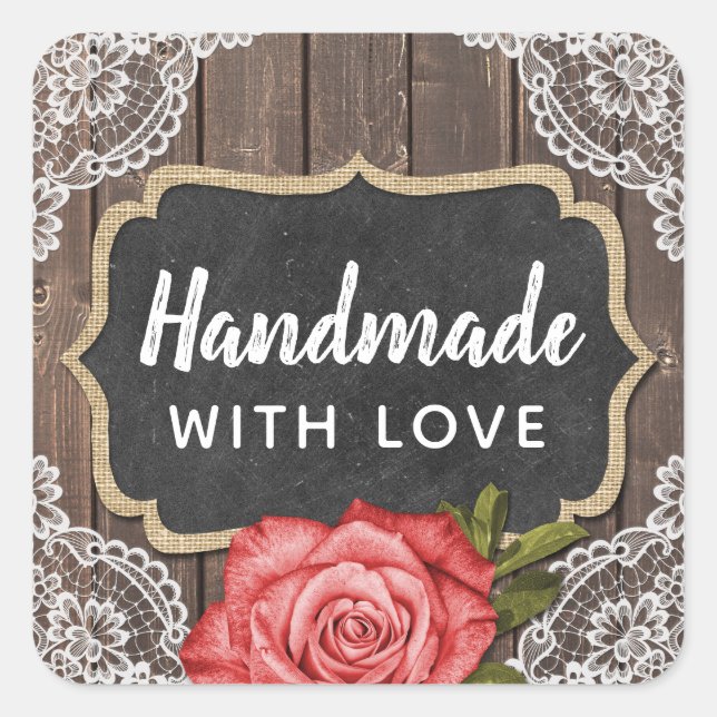 Handmade With Love Rustic Wood & Lace Chalkboard Square Sticker (Front)