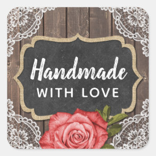 Handmade With Love Rustic Wood & Lace Chalkboard Square Sticker