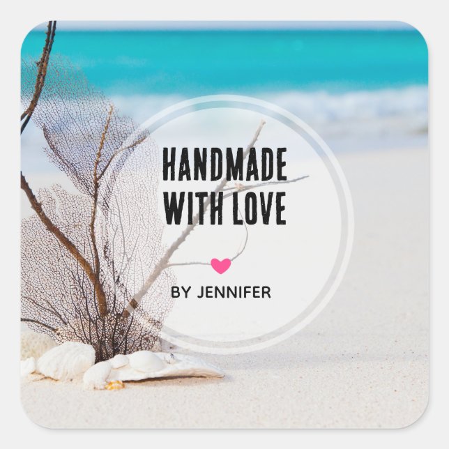 Handmade with Love Sandy Beach White Seashells Square Sticker (Front)