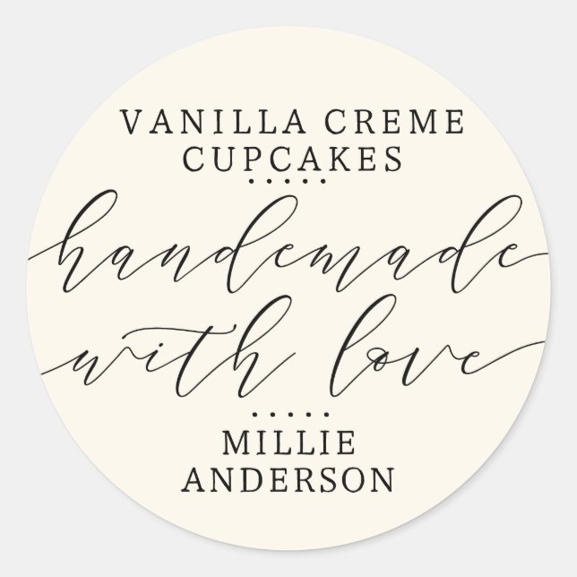 Handmade with Love Script Business | Ecru Cream Classic Round Sticker (Front)