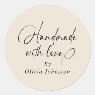 Handmade With Love Script Small Business Ecru Classic Round Sticker
