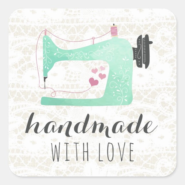 Handmade With Love Sewing Machine on Lace & Burlap Square Sticker (Front)