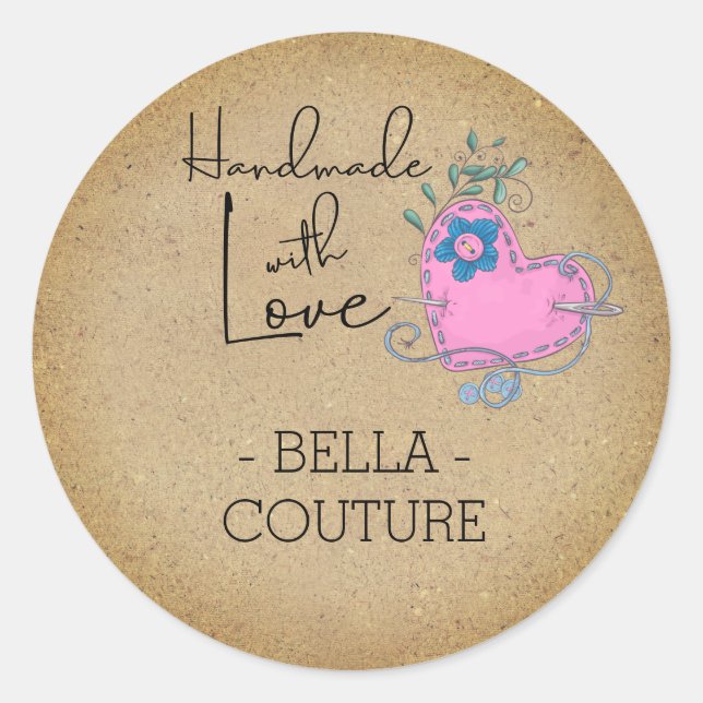 Handmade with Love Sewing Theme Custom Kraft Look Classic Round Sticker (Front)