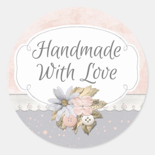 Handmade With Love Shabby Chic Rustic Floral Pink Classic Round Sticker (Front)