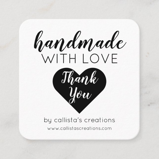 Handmade With Love Simple White Black Heart Square Business Card (Front)