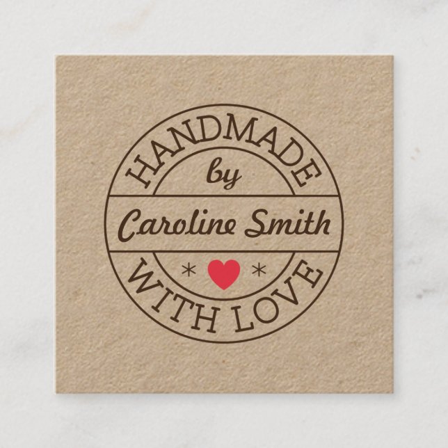 Handmade with love stamp with name kraft paper square business card (Front)